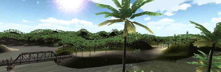 Tela do jogo Pirarucu-Gente. No primeiro plano, palmeiras. Atrás, um rio e uma área de terra com palmeiras. Ao lado esquerdo da tela, uma ponte. Ao fundo, sol, céu azul, e nuvens.